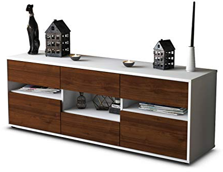 Stil.Zeit TV Schrank Lowboard Annamaria, Korpus Weiss matt, Front Holz Design Walnuss (135x49x35cm), Push to Open Technik & Leichtlaufschienen