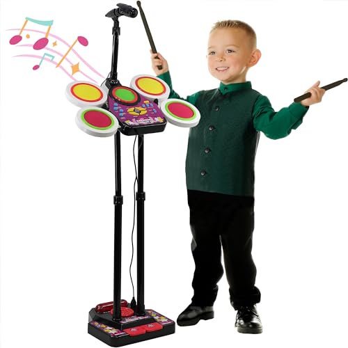 Kids Electronic Drum Kit with Microphone, Pedal, Lights, and Drumsticks - Musical Toy Set with Sound Effects, Demos, Rhythms & Adjustable Height for Children Age 3 +