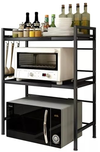 Luchs – Mikrowellen Ständer/Regal, Mikrowellenhalterung, Mikrowellenständer, Mikrowellen Ständer/Organizer mit 3 Haken, Microwave Holder/Rake grössenverstellbar (Schwarz, Gora 3 Ebenen)