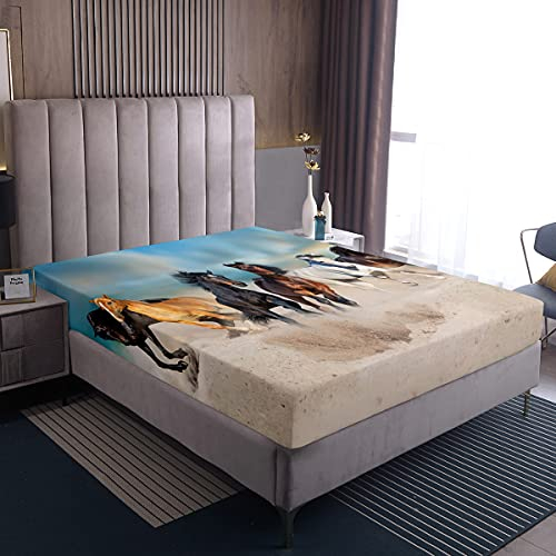 Pferd Spannbettuch, Western Cowboy Bettwäsche-Sets 140x200, Jungen Galloping Steed Spannbetttücher Nutztiere Rustikale Spannbettuch für Jugendliche Jugend Erwachsene, Fleckenresistent, Blau Braun