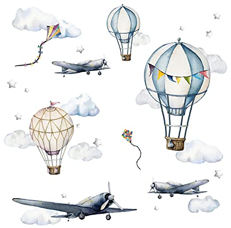 Little Deco Wandsticker Wandtattoo Kinderzimmer Jungen Flugzeug Wandaufkleber Ballon Wolken Heißluftballon Sterne Aquarell Wandbild Kinder DL707-4