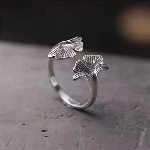 S925 Sterling Silber Sen Department Retro Style Ginkgo Leaf Finger Damen Offener Ring