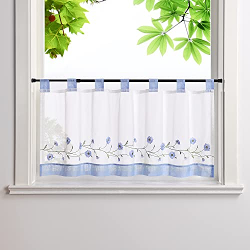 HeichkelL Bestickte Scheibengardine Voile Kurzstores mit Schlaufen Pastorale Küchengardinen Landhausstil Bistrogardine Blau BxH 140x60 cm