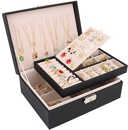 talifoca Joyeros Mujer, 2 capas Caja Joyero organizador de Joyas de Cuero PU, Organizador Joyas para Pendientes, Anillos, Aretes, Pulseras y Collares