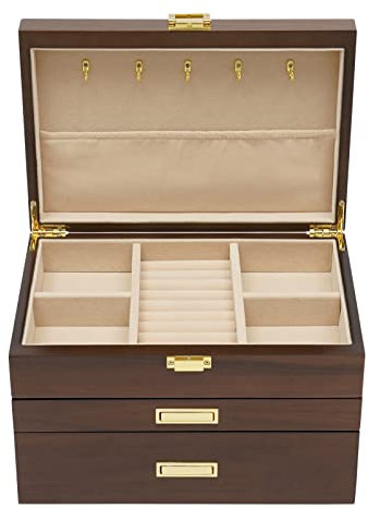 Schmuckkasten 3 Ebenen Schmuckkästchen Retro Schmuckaufbewahrung Groß Schmuckbox Schmuckvitrine für Ringe Ohrringe Armbänder und Halsketten (Schwarznuss)