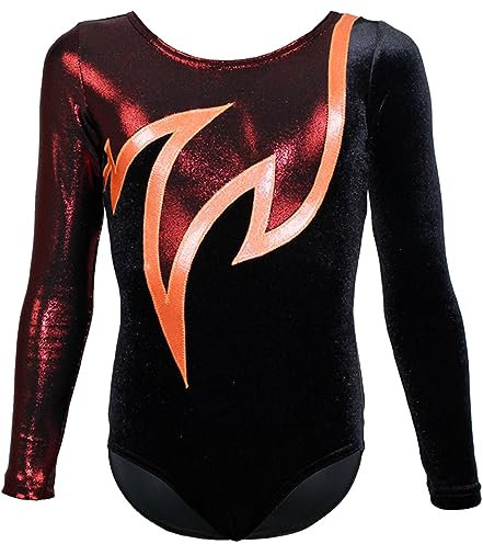 Turnanzug Java Spezial Samt o. Lycra langarm Gymnastikanzug Turnbody langärmlich, Größe:164, Farbe:Samt Schwarz - Orange & Rot