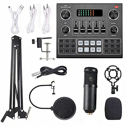 HUIOP Multifunctional Live V9 Sound Card and BM800 Suspension Microphone Kit Broadcasting Recording Condenser Microphone Set Intelligent Webcast Live Sound Card for Computers and Mobilephone,Broadcast
