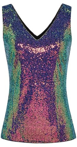Femme Débardeur Gilet a Paillettes sans Manche Slim Brillante Sequins Club Danse Bal Soiree Veste Violet Coloré à Sequins M