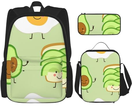 YsoLda Rucksack-Set, Schultasche, Büchertasche, Rucksack, 3-teiliges Set mit Lunchtasche, Federmäppchen,Süße Avocado und Toast und gebratenes Ei
