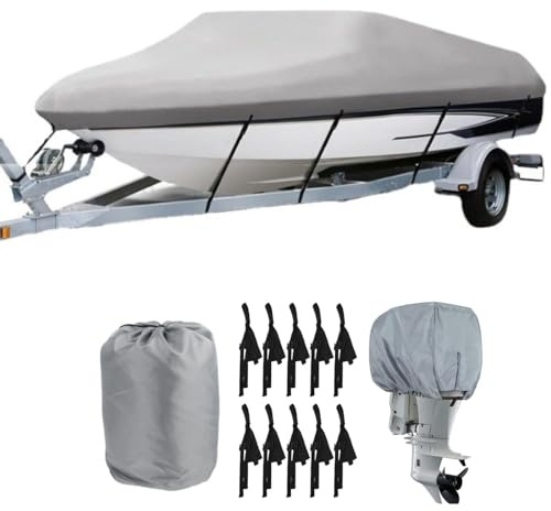 Bootspersenning mit Außenborder Abdeckung,600D Oxford Gewebe Wasserdicht Staub Schutz Bootsplane,Schwarz Bootsplane für Yacht Schnellboot Angelboot V-Rumpf (Grau, 14-16FT)