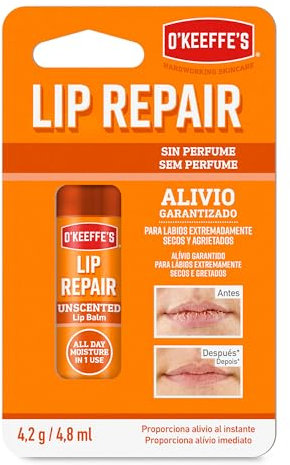 O'Keeffe's Lip Repair Reparatur-Lippenbalsam für trockene und rissige Lippen – 24h Feuchtigkeit – ohne Duft