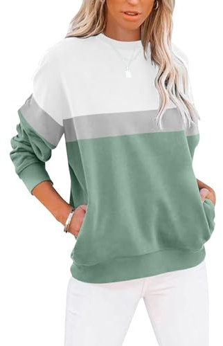 Cuptacc Pullover für Damen Sweatshirt Rundhals Farbblock Sportshirt Damen Langarm Casual Locker Oberteile Grün Klein S 34-36