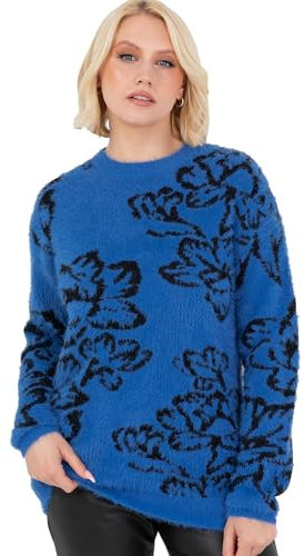 Lovedrobe Women's Jumper Ladies Sweater Round Crew Neck Long Sleeve Floral Jacquard Elasticated Stretchy Casual Pullover Knitwear, Blau 48-50