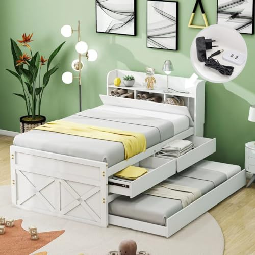 YCYDHDM Einzelbett 90 x 190 cm mit Ausziehbett und 2 Schublade, Kinderbett Holzbett mit U-SB-Buchse und Schließfächer, Bettgestell aus Massivholz, für Kinderzimmer, Ohne Matratze, Weiß