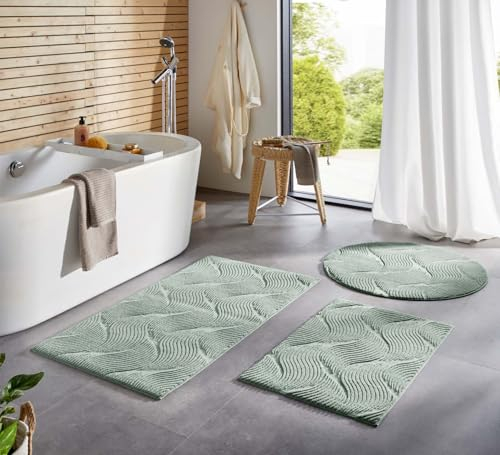 Taracarpet Badematte Homestyle rutschfest waschbar Badezimmerteppich Bad-Vorleger, WC Deko, Duschvorleger für Dusche und Badewannen sehr weich und als Set kombinierbar Grün Dühne 080x150 cm