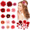WLLHYF 21 Stück Blumen Haarspangen Haarclip Rot Rose Blume Boho Braut Klaue Clip Hawaii Künstliche Blume Haarnadel Haarnadeln für Hochzeit Karneval Halloween Maskerade Party Make up(Rot)
