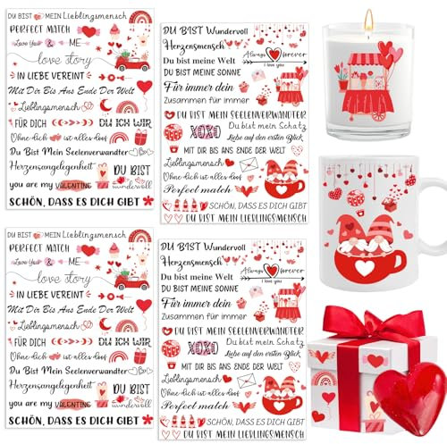 Yomover Valentinstag Rub on Sticker Kerzentattoos, 4 Stück Valentinstag Deko Kerzen Tattoo, Ich Liebe Dich Aufkleber, Valentinstag Kerzenfoile, für Möbel Fenster Kerzen Glas Scrapbook Holz