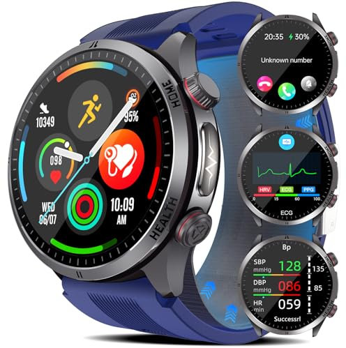 Marsyu Orologio per la Pressione Sanguigna con Pompa Ad Aria, 1.43''AMOLED Smartwatch con Funzione ECG/Lipidi dell'acido Urico, Chiamata Bluetooth, Pulsante SOS, Condivisione dei Dati Sanitari (Blu)