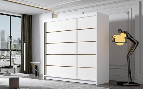 Easy4You 200 cm Modern Sliding 3 Doors White Wardrobe EO Wardrobe w/o Mirorr for Bedroom Furniture Set with Clothes Rail Storage
