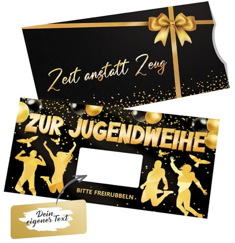 Luckeey Jugendweihe Karten, Glückwunschkarte Zur Jugendweihe Geschenke Mädchen Junge - Schwarzes Gold Doppelseitig Karte mit Rubbelaufkleber Umschlag Set - Zeit Anstatt Zeug