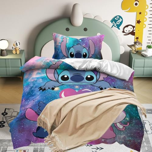 YANAYANA Kinderbettwäsche 135x200 cm, Weiche Kinder Bettwäsche Set, mit Kissenbezug 75×50 cm, Stitch Kinderbettwäsche, 3D Anime Cartoon Drucken Kinderbettwäsche (Cartoon 2set 010)