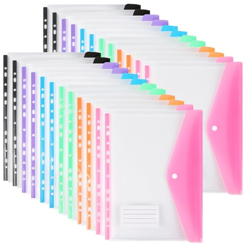 Kunststoffhüllen A4, gelocht, 11 Löcher, erweiterbare Ordner, Ordner für 2/3/4-Ring-Dokumententasche mit Druckknopf und Etikett, lose Blätter, transparent, für Büro, Schule, Zuhause (24 Stück