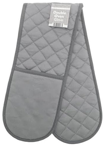 BlissLo Cotton Double Oven Gloves Heat Resistant, Machine Washable Grey Oven Gloves Double Protects Hands, Attached Oven Mitts Durable, Heat Proof Pot Holders for Kitchen with Hanging Loop - Grey