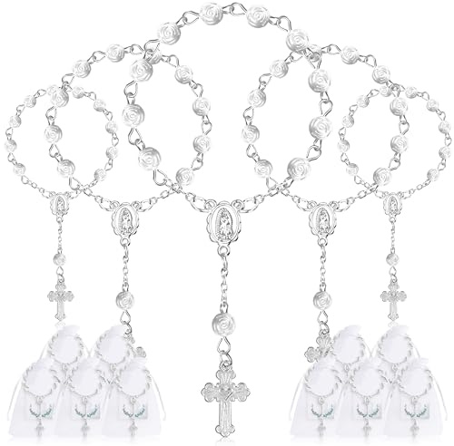 Fyshird 15 Stück Rosenkranz Katholisch mit Kreuz Anhänger Armband Glücksbringer Gastgeschenke für Taufe Kommunion Konfirmation Hochzeit Auto Party (Silber)