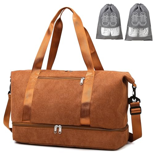 IBALULU Sporttasche Reisetasche Damen, 35L Weekender Travel Duffle Bag mit 2 schuhbeuteln, Schuhfach & Nassfach, Cord Strandtasche Trainingstasche Handgepäck Tasche für Gym, Reisen, Urlaub