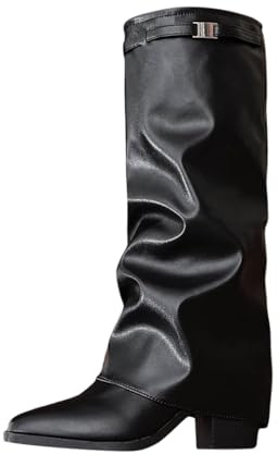 2025 Stivali da donna con polpaccio medio, alla moda in pizzo stivali al ginocchio con cinghie con fibbia, comodi stivaletti in pelle per abbigliamento casual invernale Scarpe nere da donna Tacco