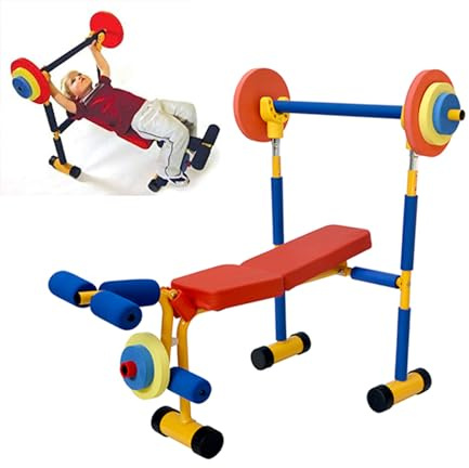 Kinder Hantelbank-Set – Fitnessgerät für Kinder von 3 bis 8 Jahren, Indoor/Outdoor-Sport mit Beinpresse und Langhantel für Anfänger