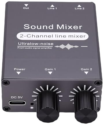 Vikye DJ-Audiomixer, 2-Kanal-2-in-1-Out-Soundboard mit Doppelter Lautstärkeregelung, 3,5-mm-Soundmix-Umschalter für Karaoke-Podcasting-Live-Streaming