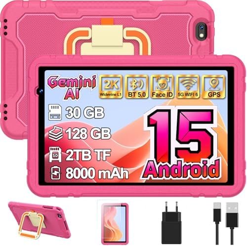Tablet para Niños 10 Pulgadas Android 15, 30GB+TF 2TB con Gemini AI - Rosa | Tablet Infantil con Control Parental, Protective Antichoque Eva + Soporte giratorio de 360°, Octa-Core, Widevine L1, 8000mAh