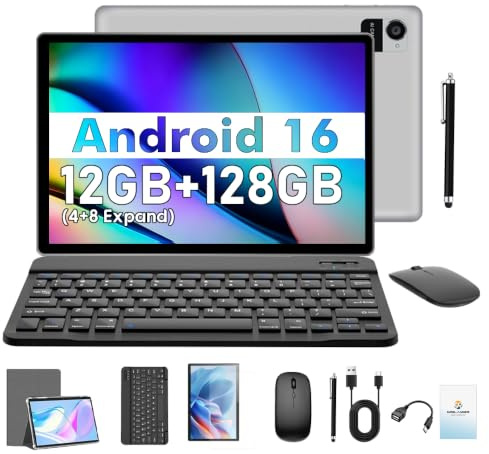 Android 16 Tablet 10 Zoll 12(4+8)GB+128GB mit Gehäuse Tastatur (Grau) | Fast Charging Touch Screen Tablet with Large Display