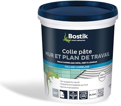 Bostik Colle Carrelage Spéciale Mur et Plan de Travail, Pâte prête à l'emploi, Stabilité Immédiate, Blanc, Pot de 1.5 Kg, N.c.