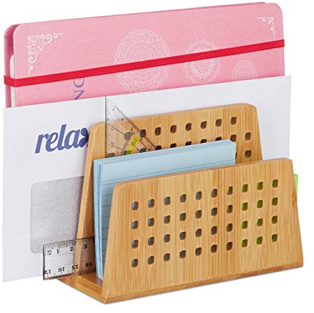 Relaxdays Dokumentenhalter Bambus, 2 perforierte Fächer, praktischer Briefständer, Bürobedarf, Briefhalter DIN A5, natur
