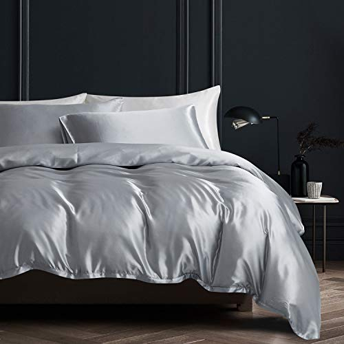 Boqingzhu Satin Bettwäsche 135x200cm Grau Uni Glatt Glänzend Glanzsatin Bettwäsche Set Bettbezug mit Reißverschluss und Kissenbezug 80x80cm