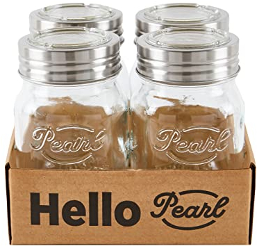 HELLO PEARL Mason Jar Sunny Cap 500ml 4er Set | Rostfreier Edelstahl Verschluss mit Glas Deckel, Wiederverwendbares Vorratsglas, Hochwertiger Glasbehälter mit einzigartigem Schraubdeckel.
