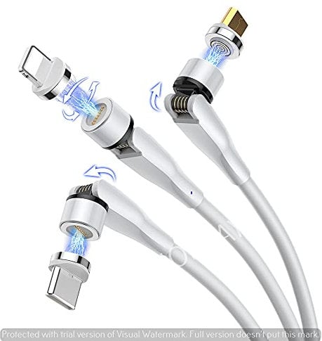 TECHNOPLAY 3 in 1 LED Magnetic fast Charging and data sync Cable compatible with iPhone, i Pad, galaxy, Note, Huawei, HTC, Sony, LG, and various smart phones (White 540 degree rotation)