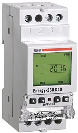 VEMER VE429710 ENERGY-230 D40 - Digitale Stromzähler mit LCD-Display, Einphasiger aktiver Stromzähler, Montage auf Hutschiene, Weiss