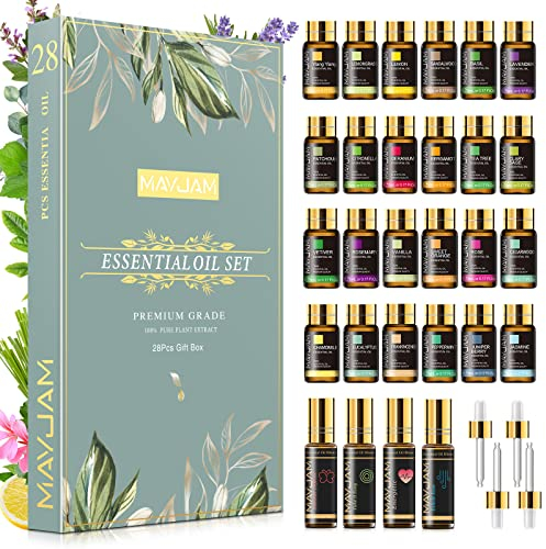 MAYJAM ätherisches Öl Sets 28Pcs 100% Reiner 24 * 5ml Lavendel, Jasmin, Eukalyptus, Vanille, Minze, etc. (4 * 10ml Rollenpaket für Mückenabweisend/Energetisch/Atmend/Stress Abbauen)