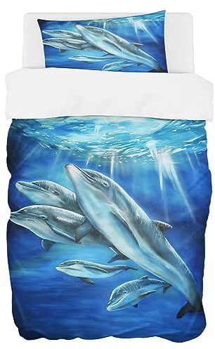 Zomer Bettwäsche 135 x 200 cm Delfin Motiv Bettbezug Set 2teilig Weich Mikrofaser Bettwäsche Deckenbezug - 1 Flauschige Bettbezug und 1 Kissenbezug 80x80cm