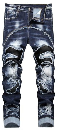Baylvn Men's Designer Straight Slim Fit Patchwork Jeans Comfort Skinny Biker Denim Pants, 3860 Navy Blue, 32