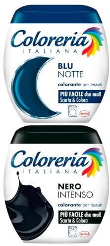 Coloreria Italiana Colorante per Tessuti in Lavatrice Colore Nero Intenso Formula Tutto in Uno + Coloreria Italiana Colorazione Blu Notte per Cotone Lino e Viscosa - 2 Confezioni Monodose