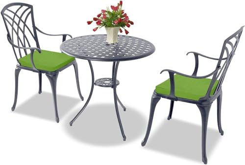 Homeology OSHOWA Luxuriöser Garten- und Terrassentisch und 2 große Stühle mit Armlehnen, Bistro-Set aus Aluminiumguss – Grau mit grünen Kissen