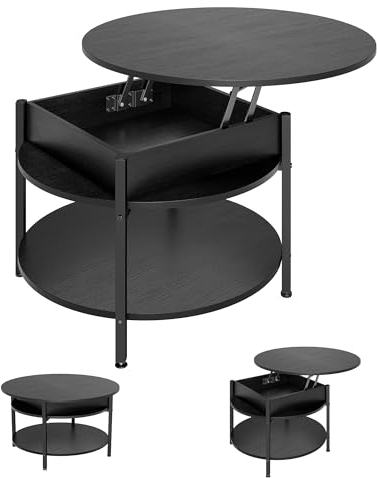 Couchtisch Rund mit Hebeplatte, Couchtisch Höhenverstellbarer, Beistelltisch, Wohnzimmertisch mit Verstecktem Stauraum, Offenem Fach, Metallrahmen, für Wohnzimmer, Büro, 70 x 70 x 50.5 cm, Schwarz