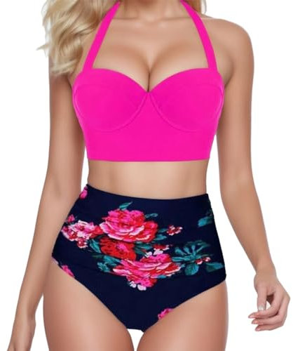 Bikini da donna, set push up, bikini a due pezzi, costume da bagno bikini push up da donna, costume da bagno sexy brasiliano, bikini senza spalle, rosa intenso, M