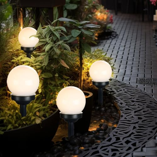 GLOBO Solarleuchte Erdspieß Steckleuchte Kugel Kugellampe weiß Solarlampe Gartendeko, 1x LED warmweiß, DxH 10x35 cm, 4-6-10er Set, Menge:4