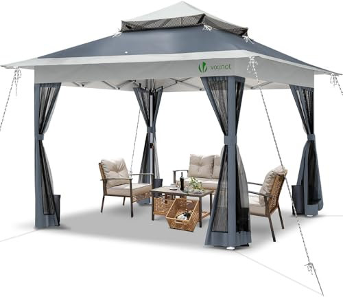 VOUNOT® Carpa Plegable Gazebo 3.6x3.6m con Botón Central y Laterales de Malla, Cenador Pabellón Pop Up de Jardín Techo Doble y Bolsas de Arena, Protección UV, para Camping, Fiestas, Exterior, Gris