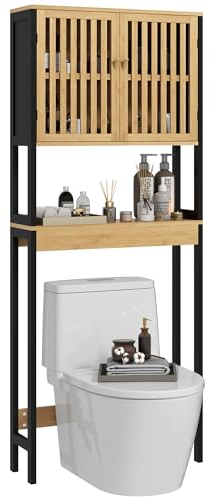 HOMCOM kleankin Étagère de Toilettes Meuble de Salle de Bain Dessus Toilette WC avec Placard 2 Portes et étagère Ouverte 60L x 21,5l x 172H cm Bambou - Bois Naturel et Noir